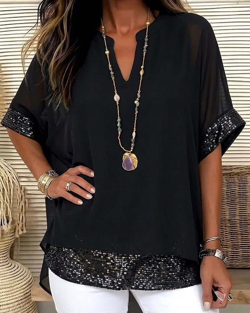 Sequin Patchwork Sheer Loose Blouse