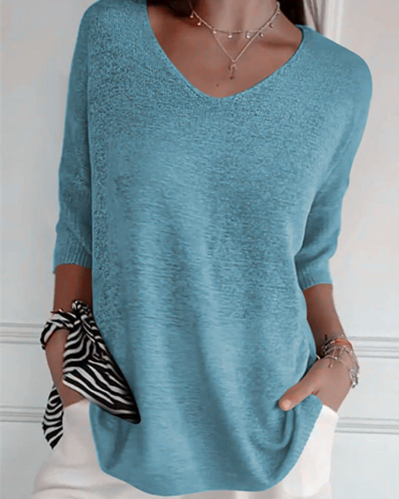 💖 Solid Color Knitted Top With V-Neck