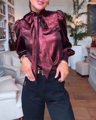 Puff Sleeve Flowing Ribbon Elegant Blouse