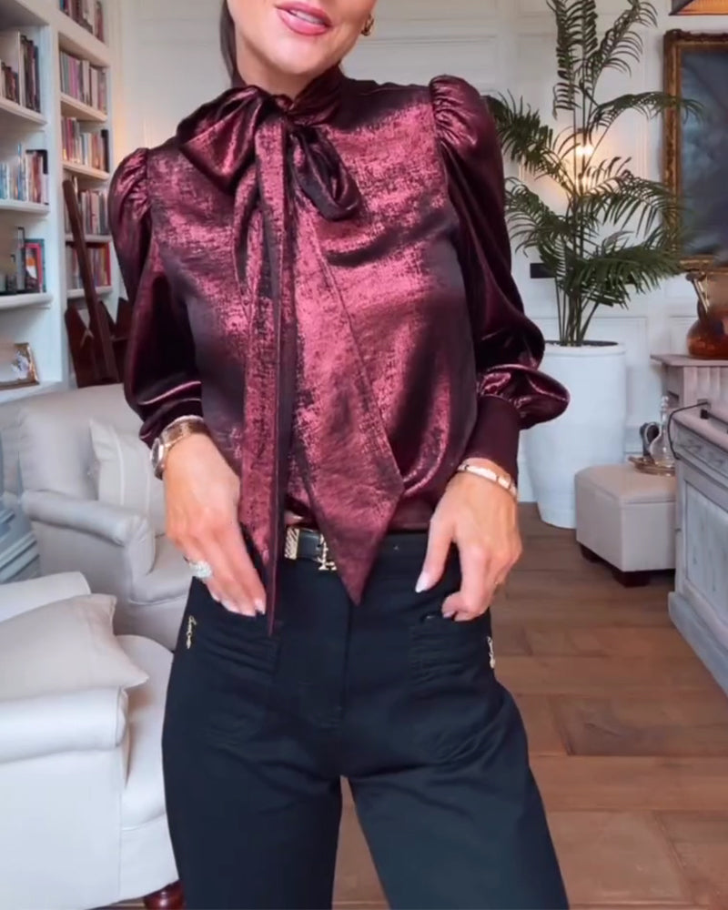 Puff Sleeve Flowing Ribbon Elegant Blouse