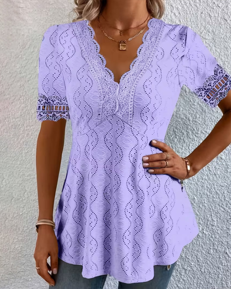 Lace V-Neck Hollow Out Blouse