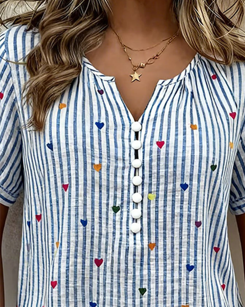 Puff Sleeve Heart Stripe Blouse