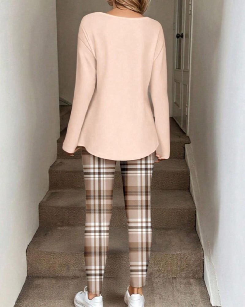 V-Neck Solid Top + Plaid Pants Loungewear Set