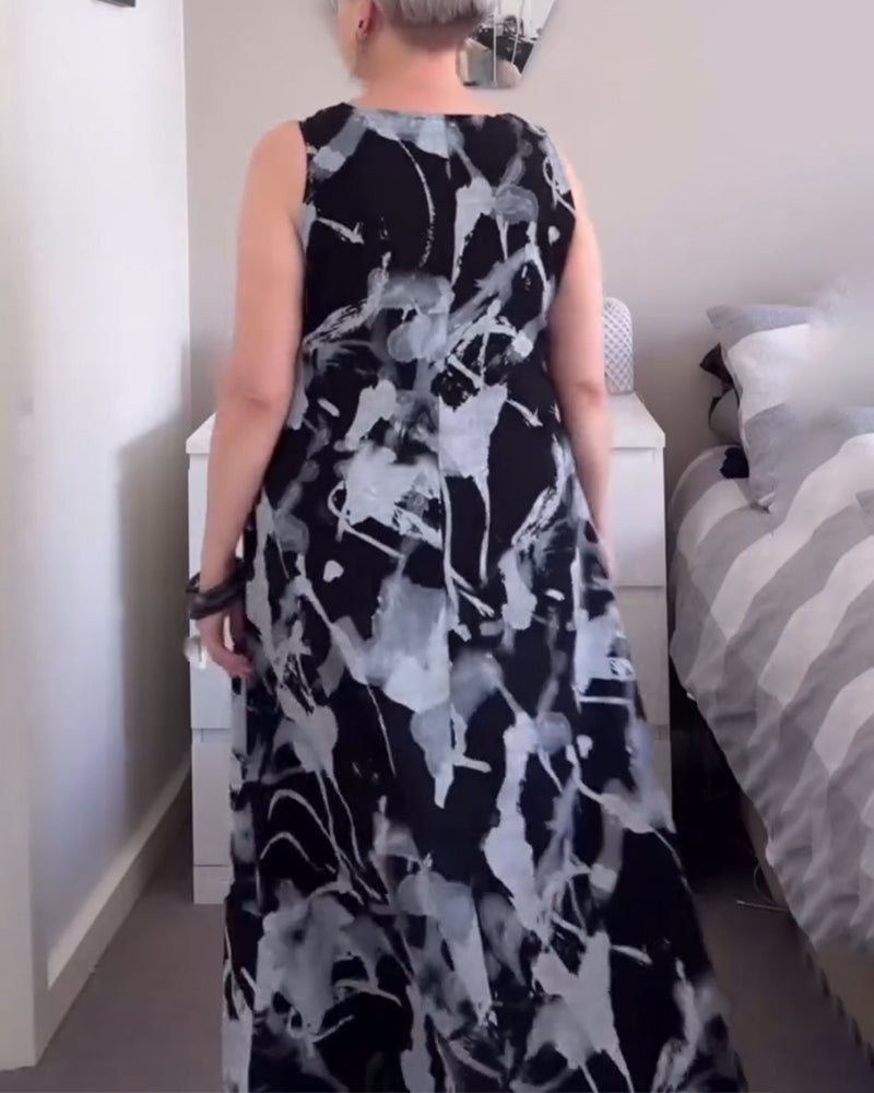 V-Neck Retro Print Sleeveless Dress