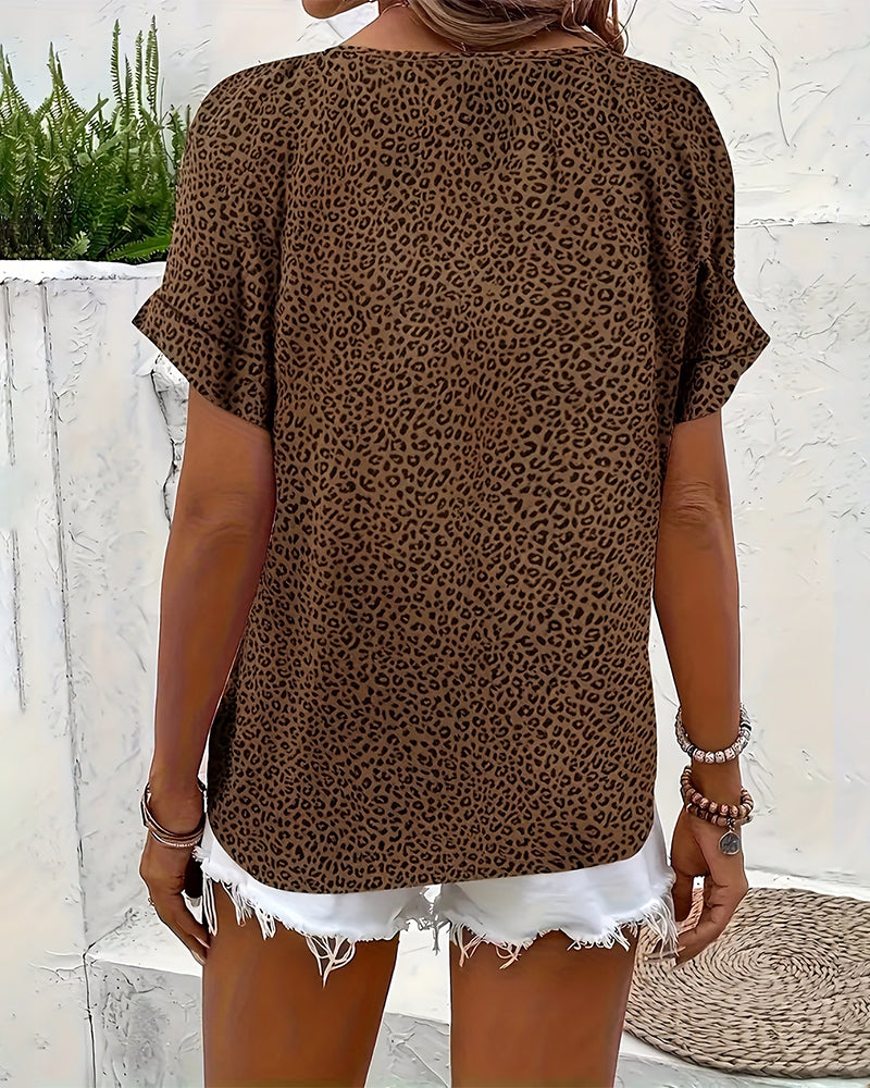 Leopard Print Short Sleeve V-Neck Button Shirt