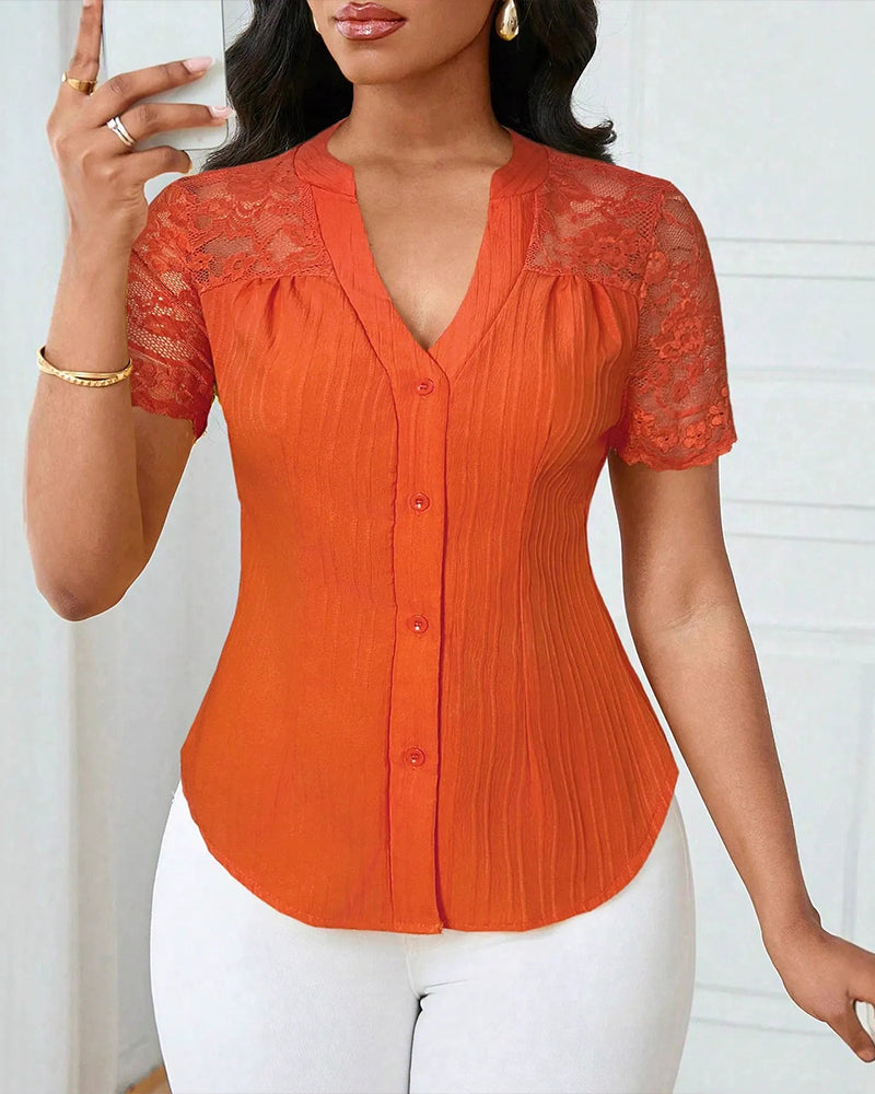 Single-Breasted Solid Color Hollow-Out Blouse