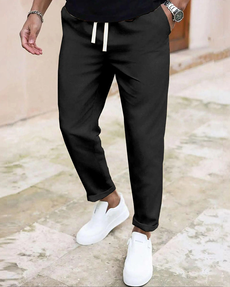 Men's Solid Drawstring Slim Fit Cropped Pant