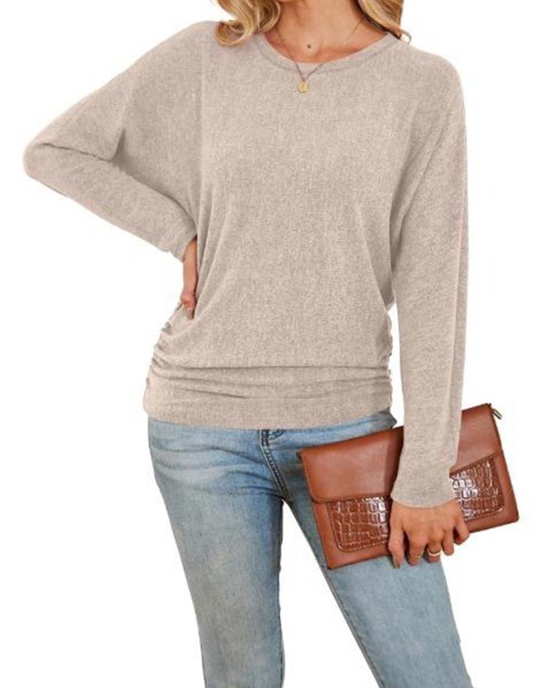 Crew Neck Solid Long Sleeve Top
