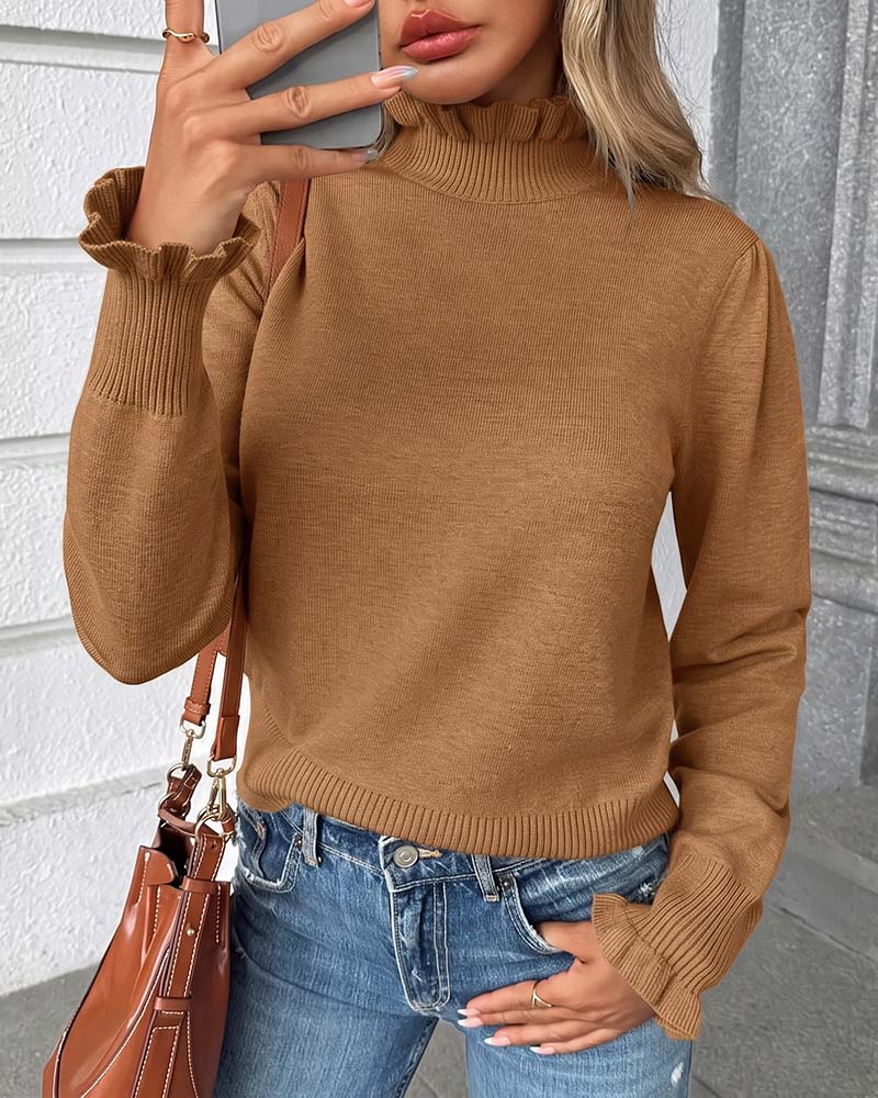 Turtleneck Lace Ruffle Pullover