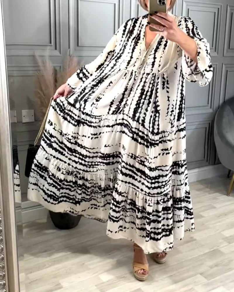 Contrast print bell sleeve casual dress