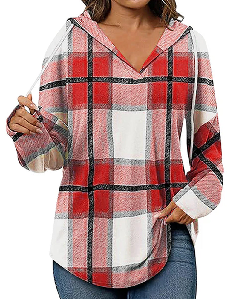Women's Plaid V-Neck Hooded Long Sleeve Drawstring Sweater