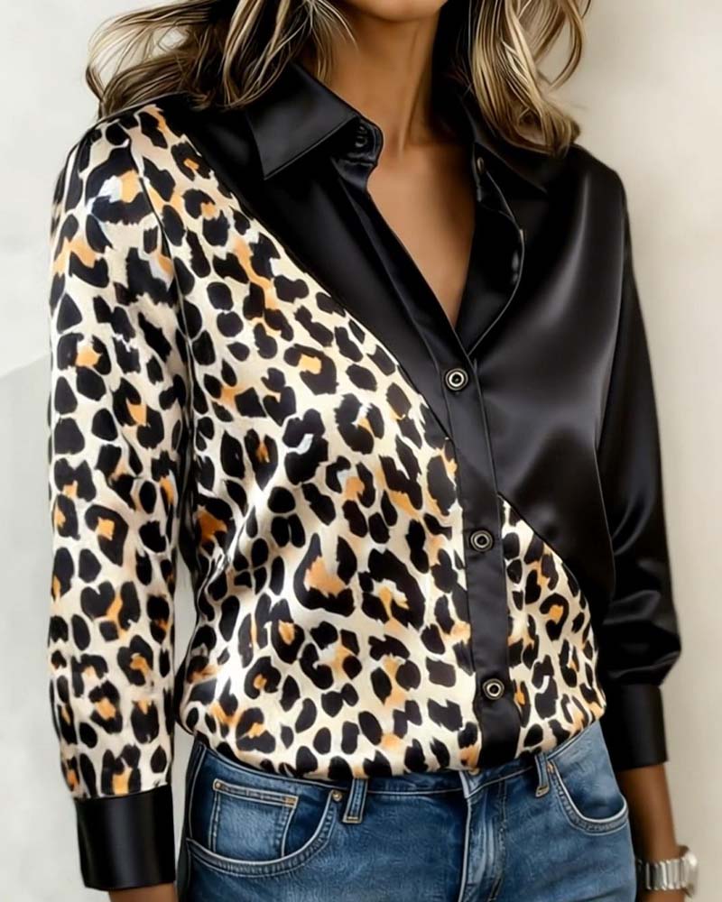 Leopard Print Lapel Patchwork Shirt