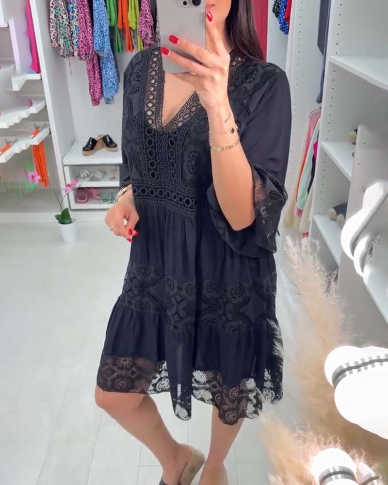 Solid color lace elegant V-neck dress