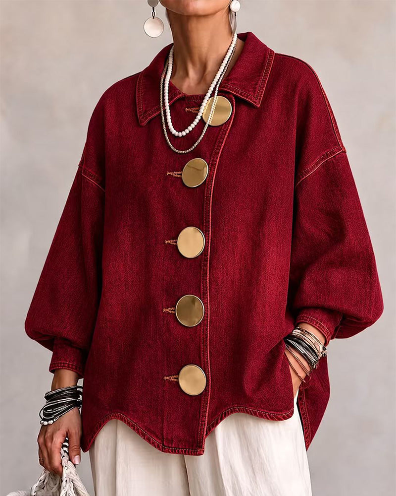 Big Metal Button Washed Denim Coat