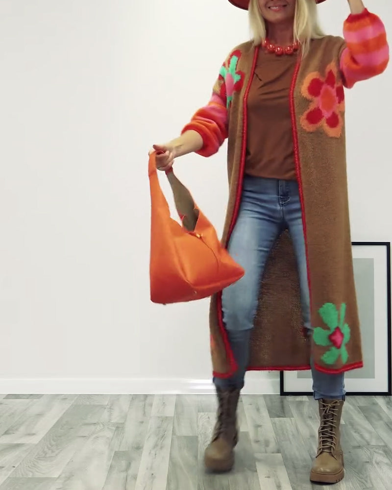 Floral pattern casual long cardigan
