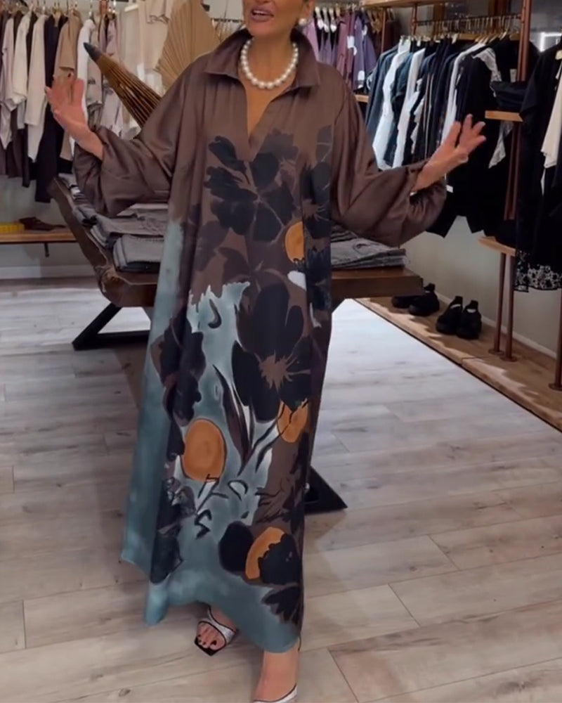 Lapel Ink Print Shirt Long Dress