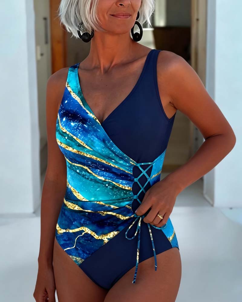 Asymmetrical Patchwork Tie V-Neck One Piece