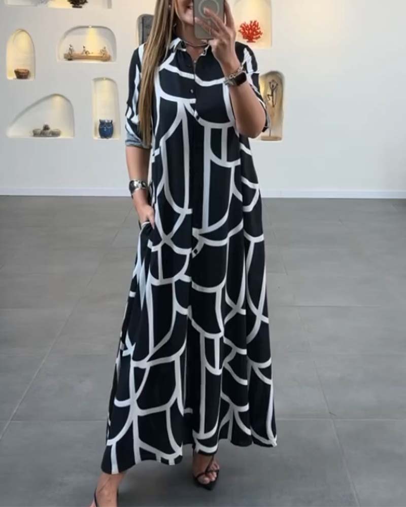 Contrast printed lapel long slit dress