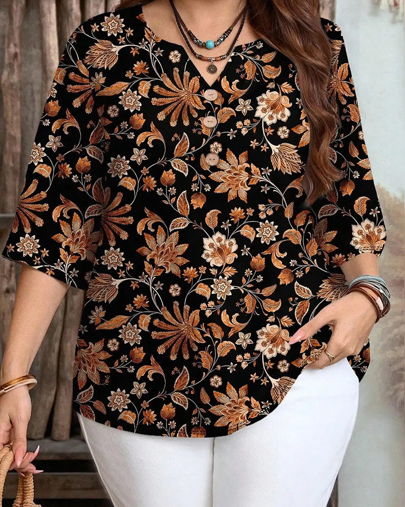 All-Over Print Casual Button Top