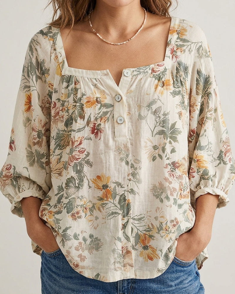 Square Neck Floral Lantern Sleeve Blouse