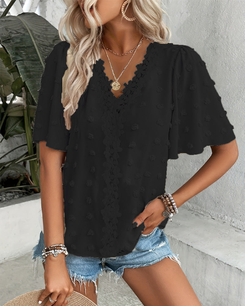 Spliced Jacquard Ruffle Sleeve Blouse