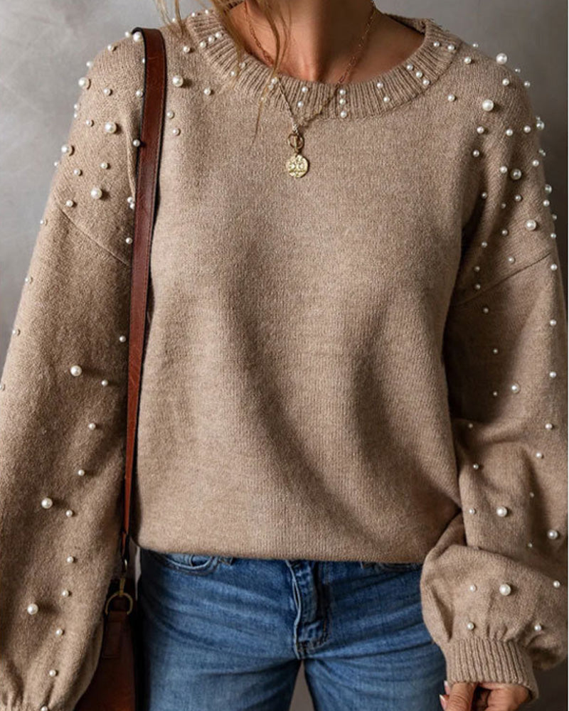 Beaded Long Sleeve Crew Neck Pullover