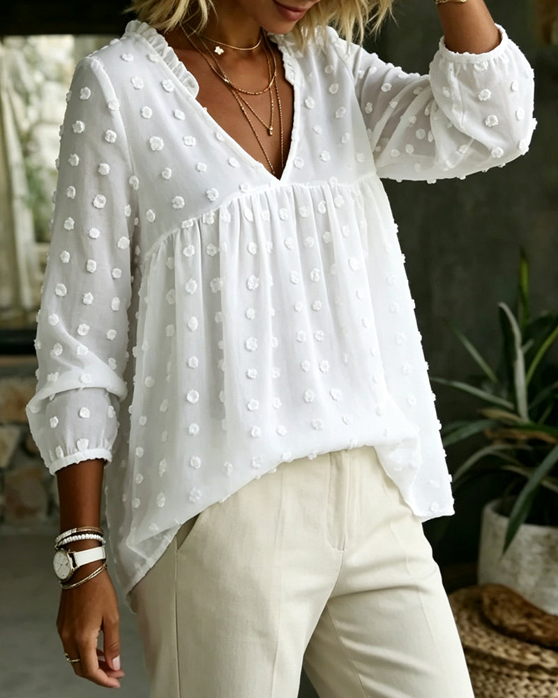 V-Neck Long Sleeve Pleated Blouse