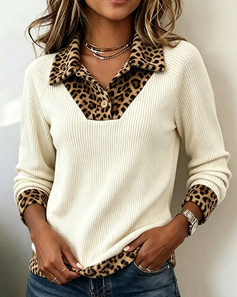 Lapel Leopard Patchwork Ribbed Button Top
