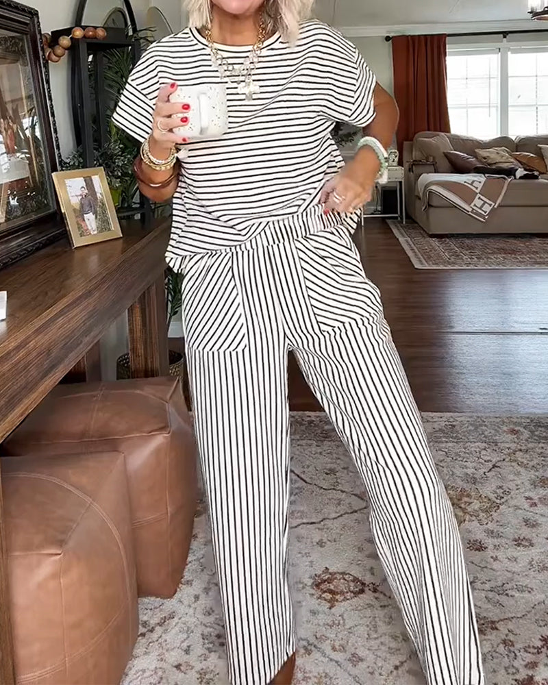 Round Neck Striped Elastic Waist Pocket Set