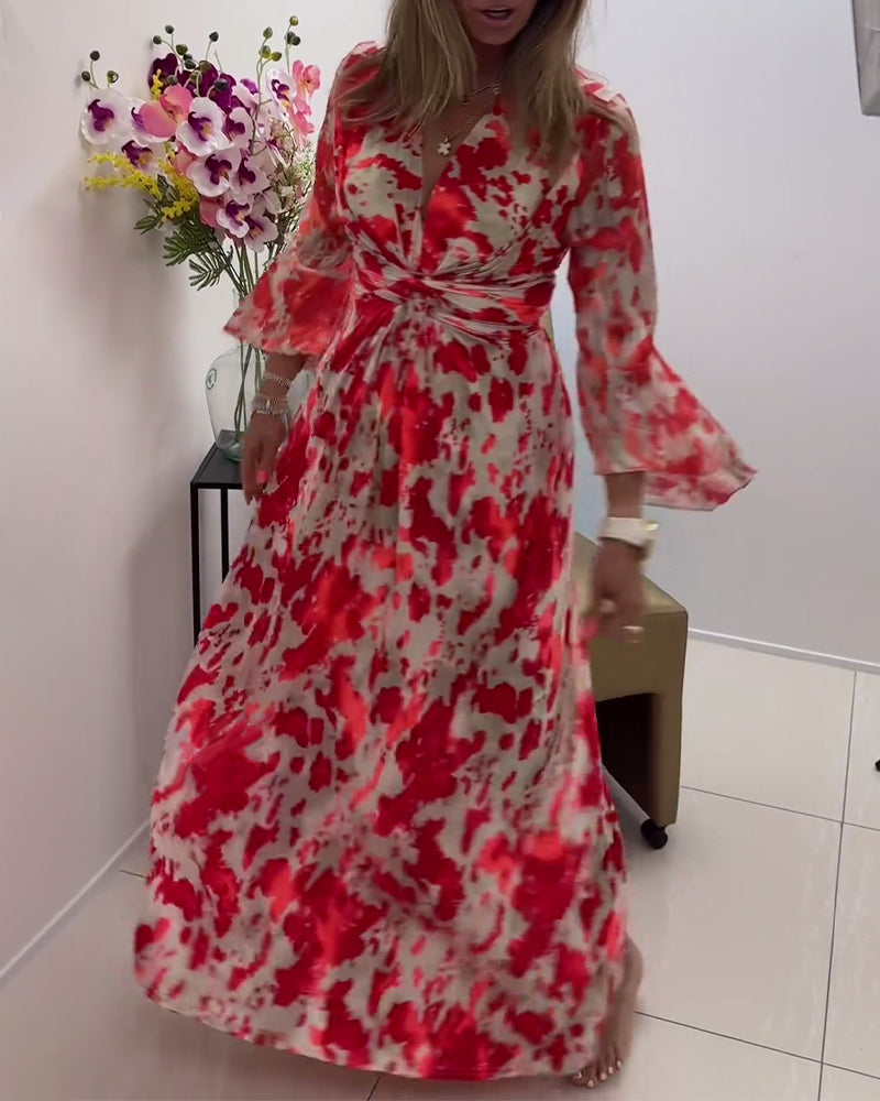 Fashionable printed deep V knitted bell sleeve dress