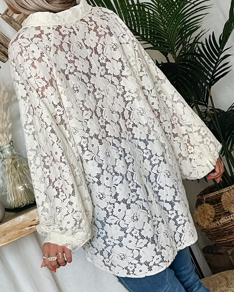 Floral Lace Lapel Long-Sleeved Blouse
