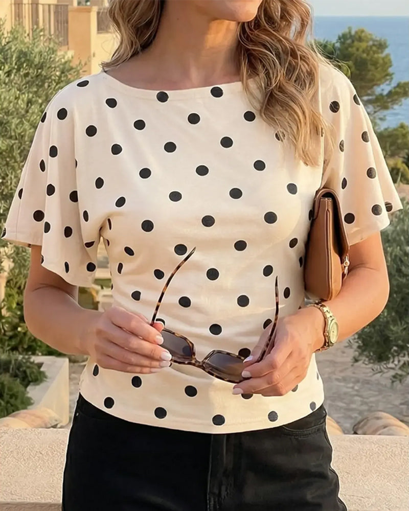 Polka Dot Waist-Cinching Round Neck Short Sleeve T-Shirt