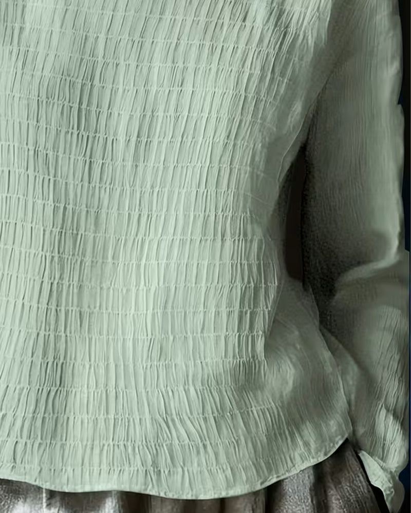 Crew Neck Smocked Lace Panel Solid Blouse