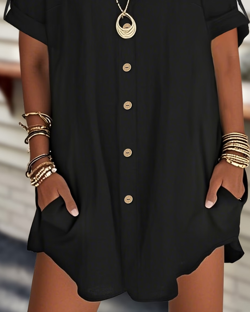 Buttoned Short Sleeve Loose Shirt Dress