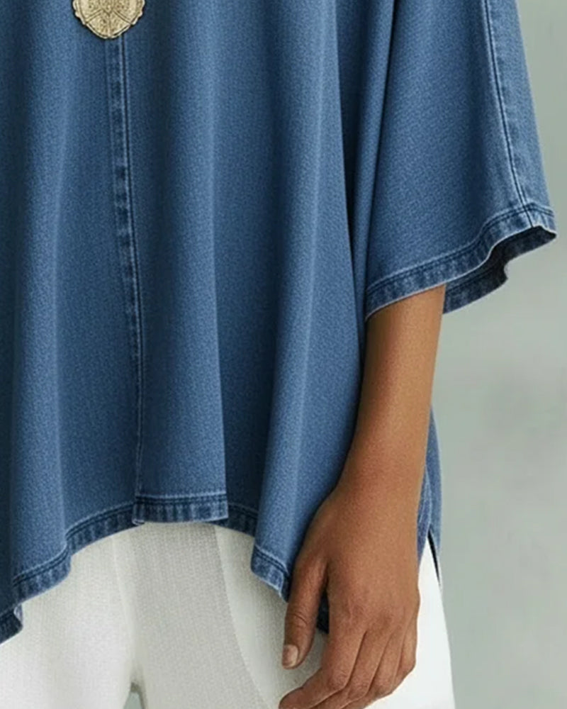 Irregular V-Neck Loose Denim Blouse