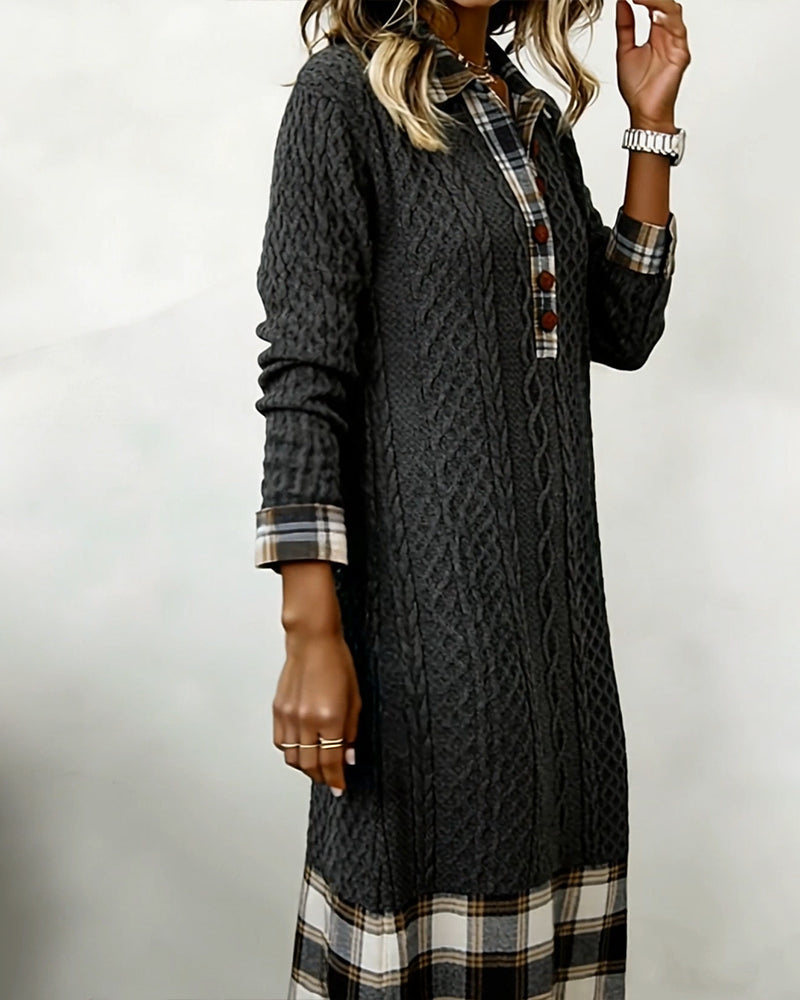 Button-Down Collar Color-Blocked Plaid Dress