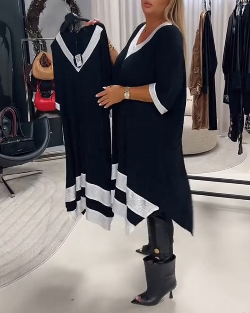 V-Neck Short Sleeve Color Block Loose Fit Dress