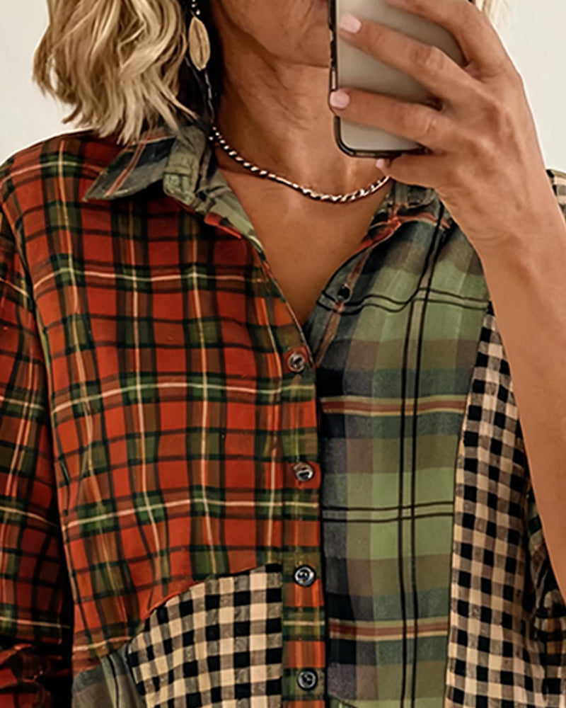 Lapel Color Block Plaid Long Sleeve Shirt