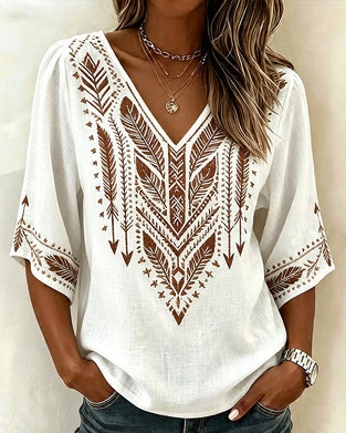 V-Neck Ethnic-Print Loose Blouse