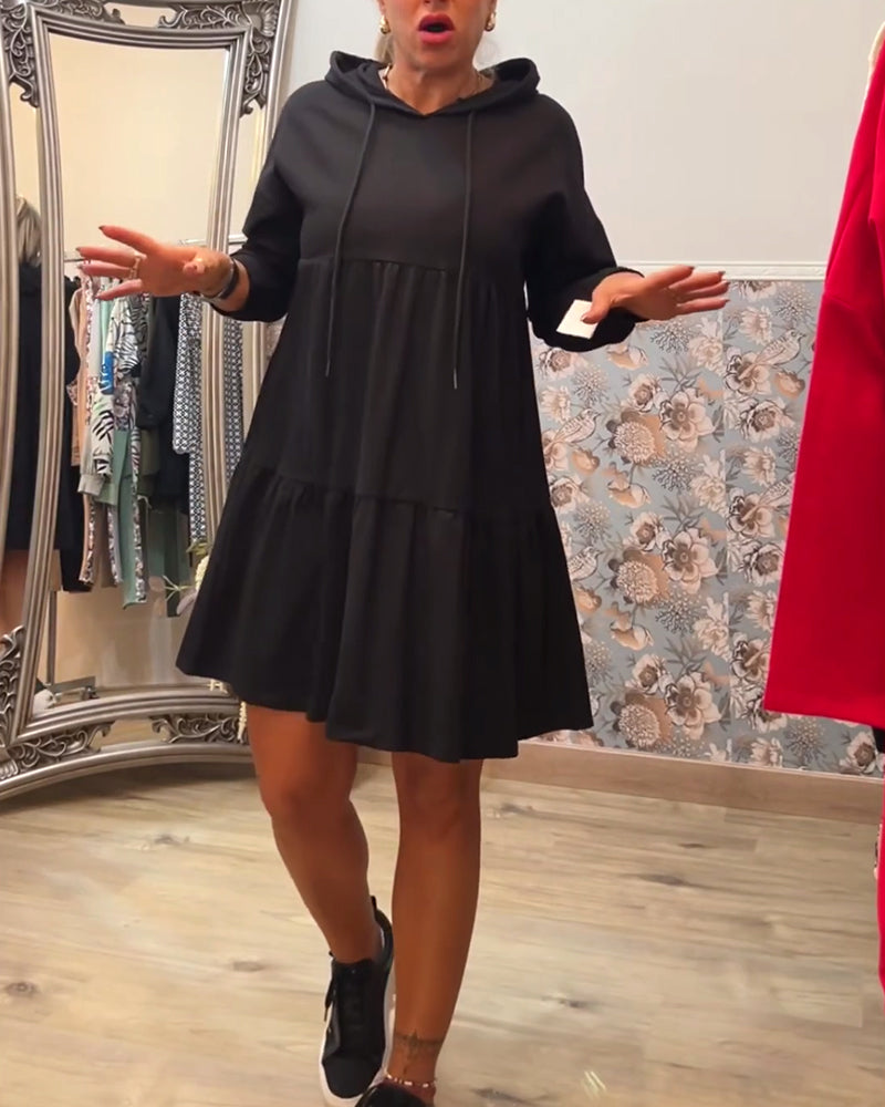 Solid color casual drawstring hooded dress