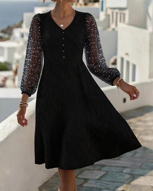 V-Neck Button Lace Patchwork Dress
