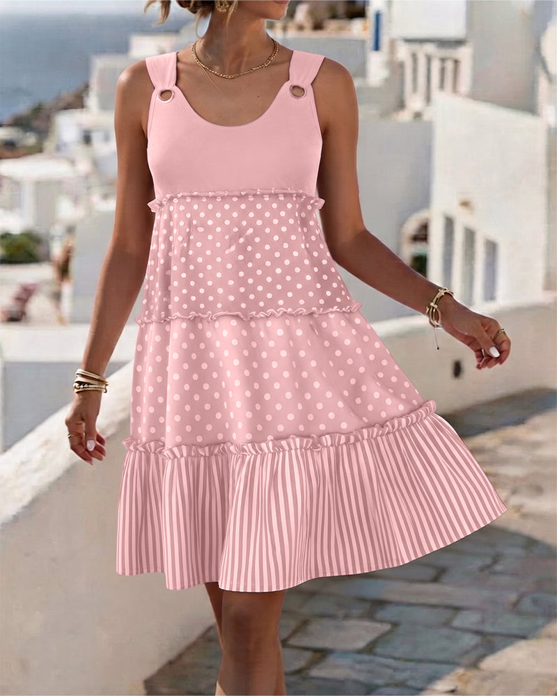 Polka Dot Stripe Tiered Spaghetti Dress