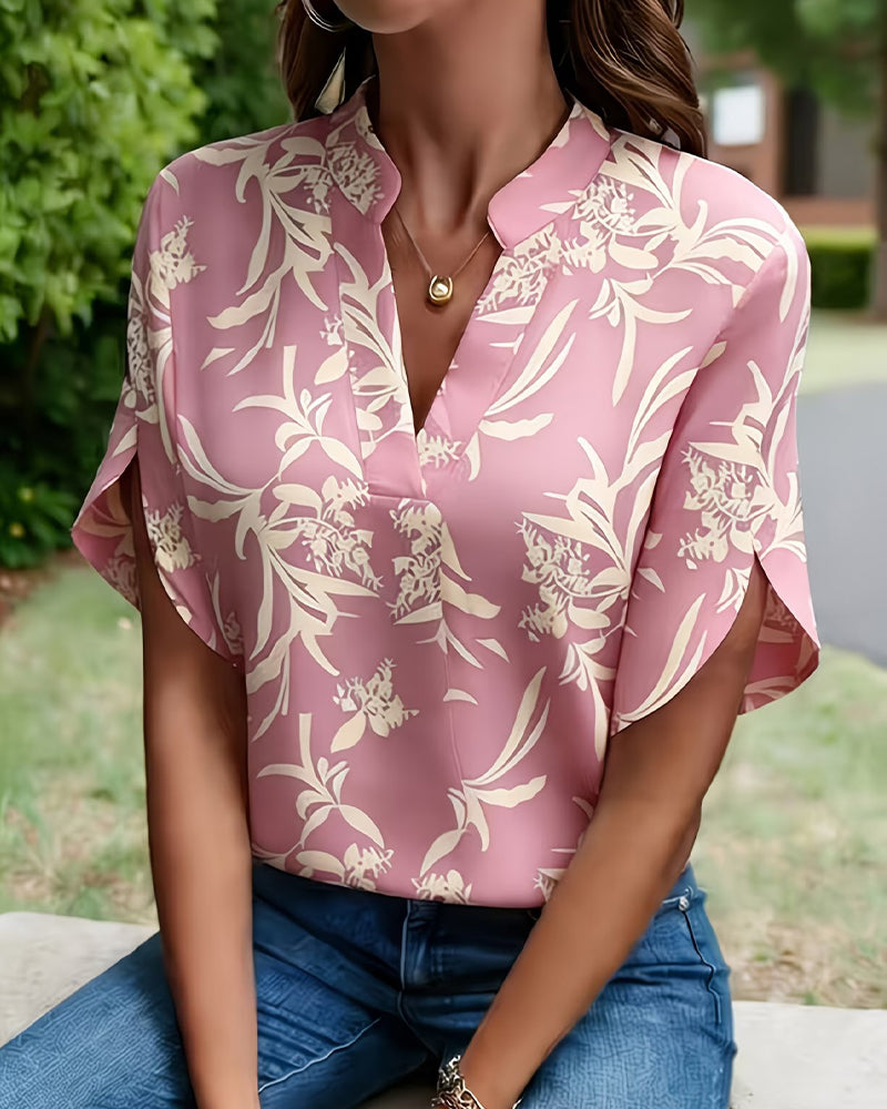 V-Neck Printed Short-Sleeved Blouse