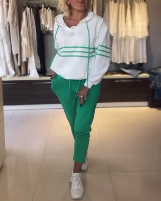 Casual striped print hooded sweatshirt set