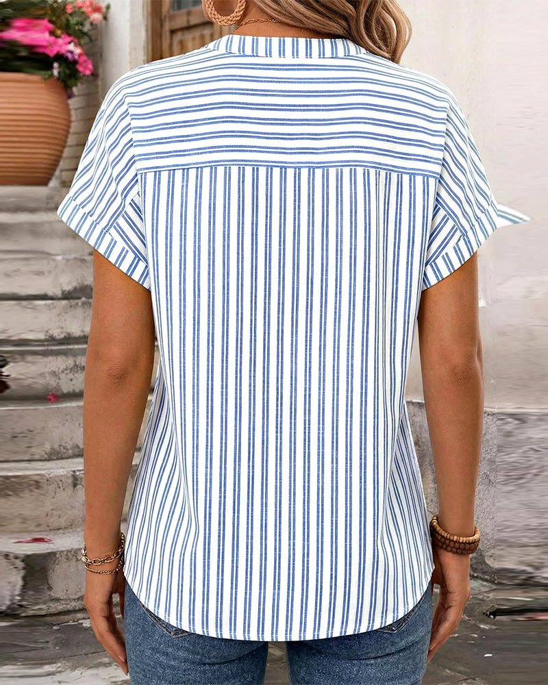 Stripe V-Neck Button Patchwork Blouse