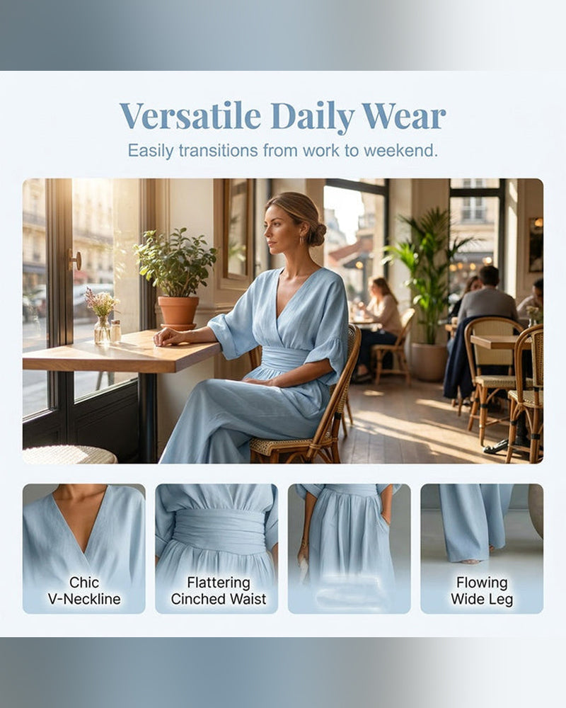 V-Neck Cross Waist-Cinching Wide Leg Jumpsuit