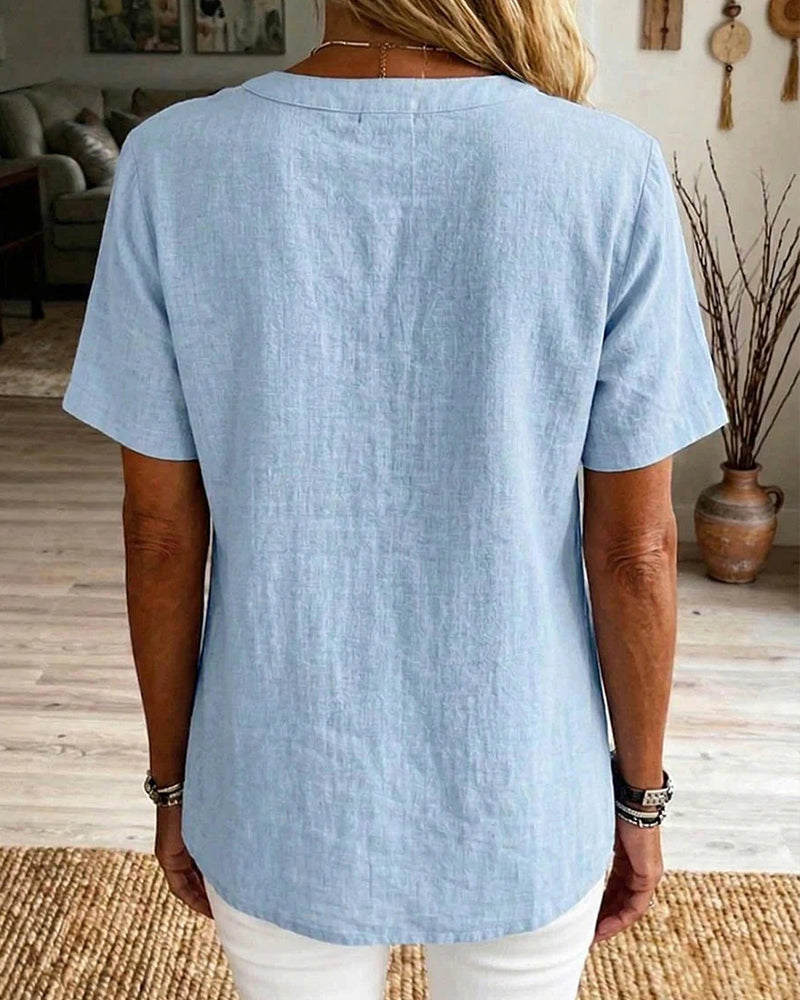 Solid-Color Loose-Fit Short-Sleeve Blouse
