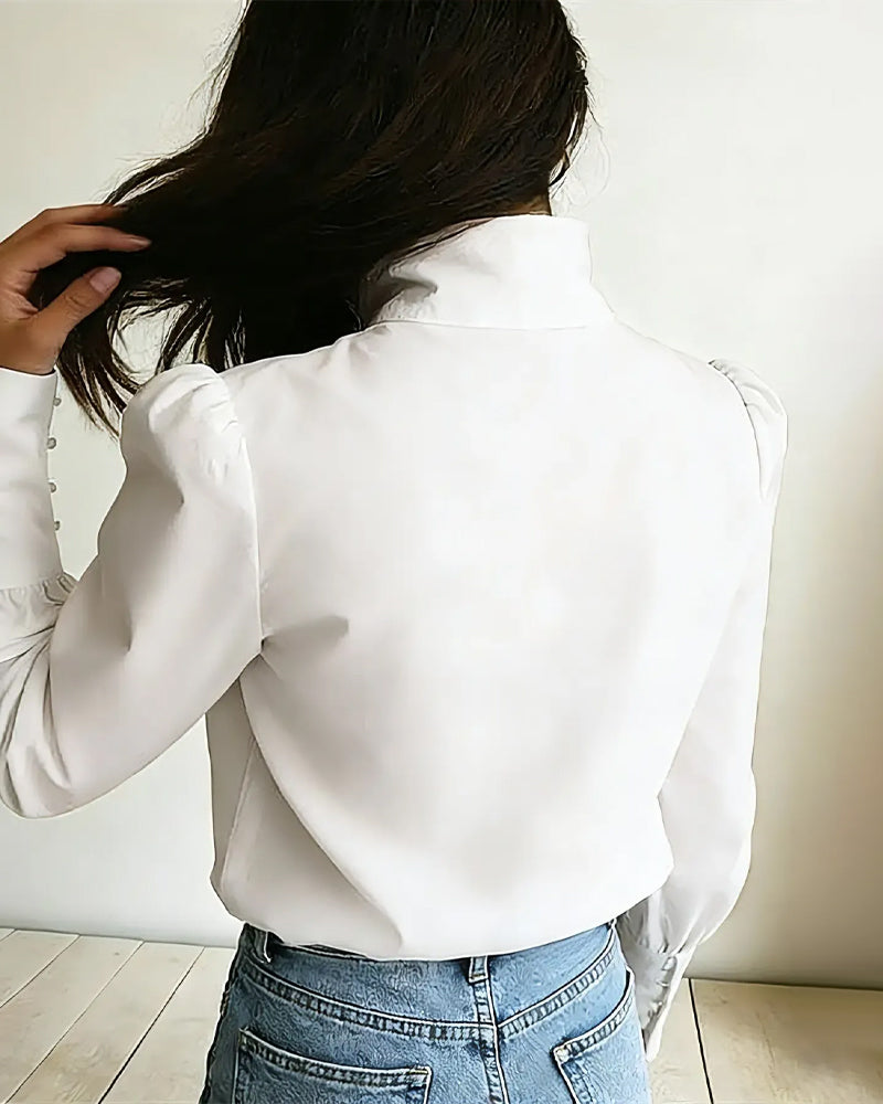 Stand Collar Button-Up Long-Sleeve Blouse