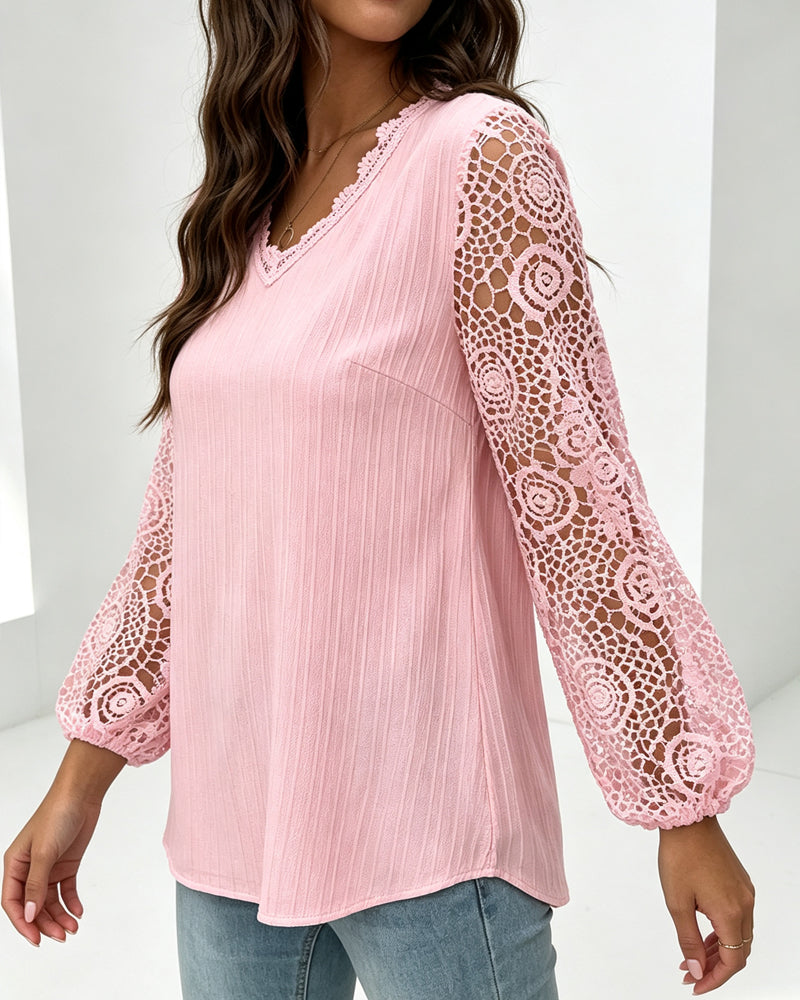 V-Neck Lantern Sleeve Casual Blouse