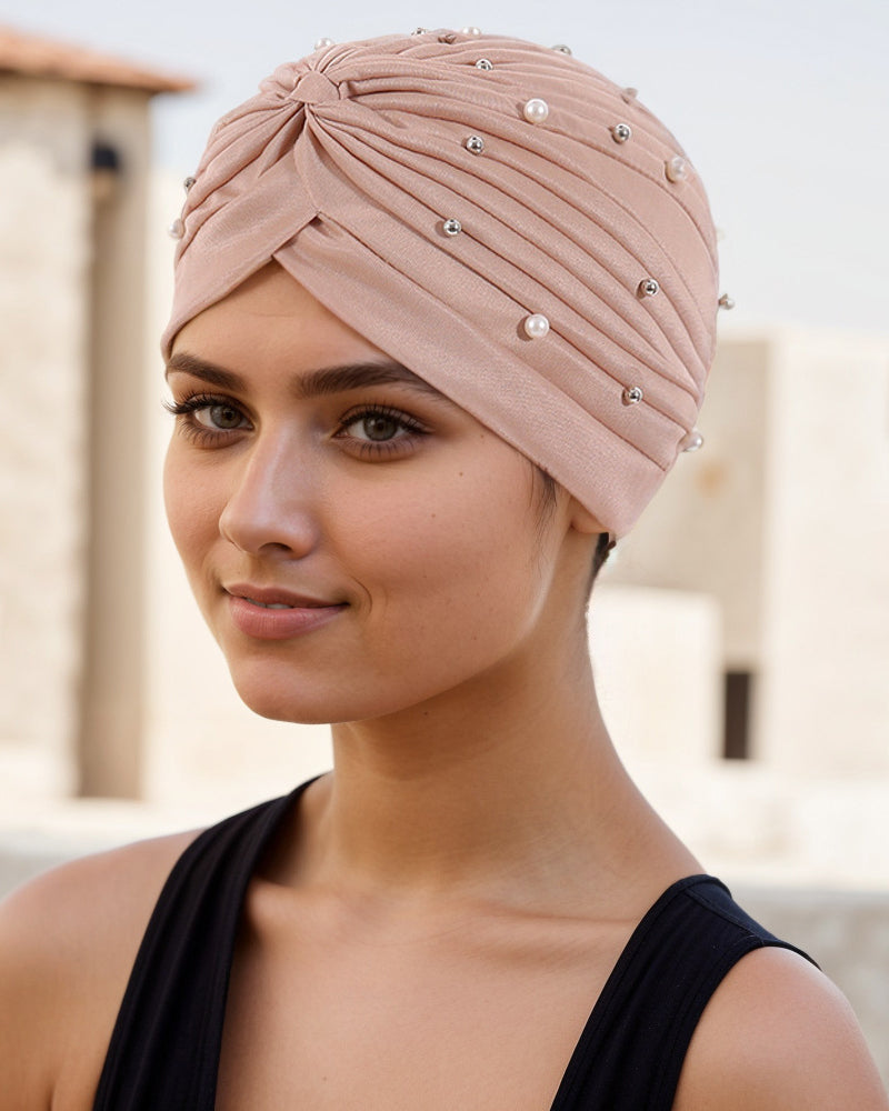 Pearl Pleated Pre-Tied Turban Hat